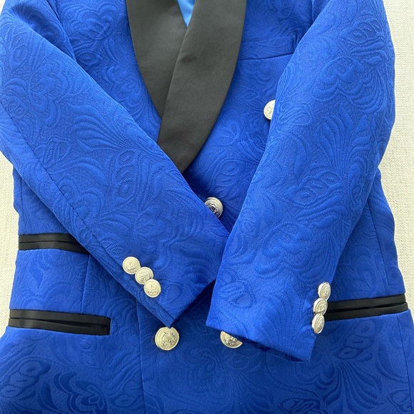 Boys Royal Blue Jacquard Double Breasted Tuxedo Suit (8/9 year) - Picture 12 of 16